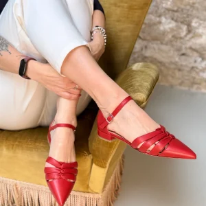 Naima Red ballerina in pelle rossa tacco 2cm artigianale marchigiana