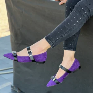 Saigon purple scarpina basse sfilata in camoscio viola con fibbie 2 cm artigianale marchigiana